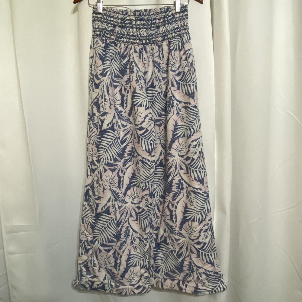 DAHUI Hawaii Smocked Waist Wide Leg Linen Hawaiian Print‎ Pants Blue Pink Large